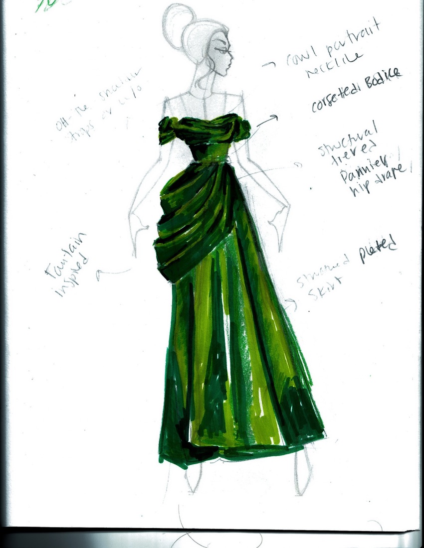 Sketch of alternative A: off-the-shoulder emerald gown with a draped skirt