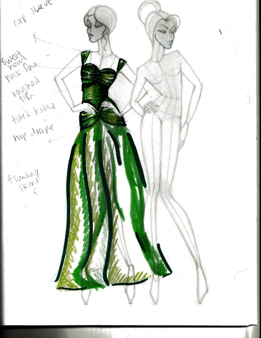 Sketch of alternative B: sweetheart-neckline emerald gown with a pleated skirt
