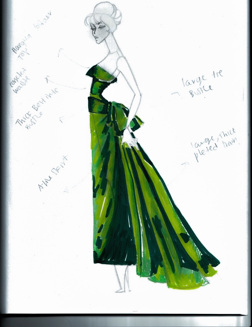 Sketch of concept one: strapless emerald gown with a sash, bustle and long pleated train