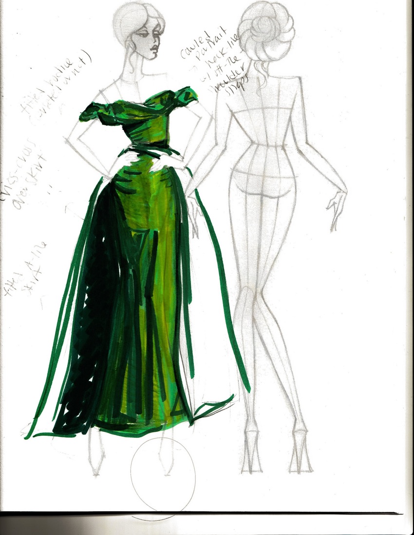 Sketch of concept two: off-the-shoulder emerald gown with a cowled neckline and overskirt