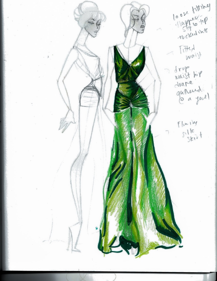 Sketch of concept three: V-neck emerald gown with a hip drape and flowing skirt