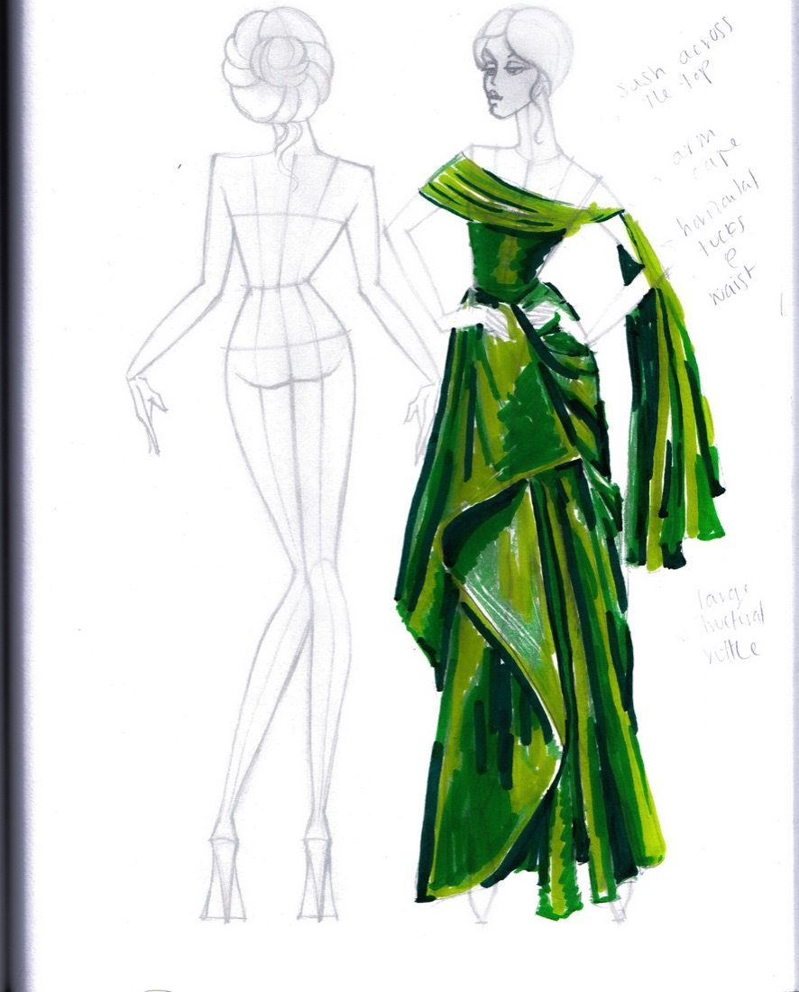 Sketch of concept four: one-shoulder emerald gown with a cape and cascading ruffle